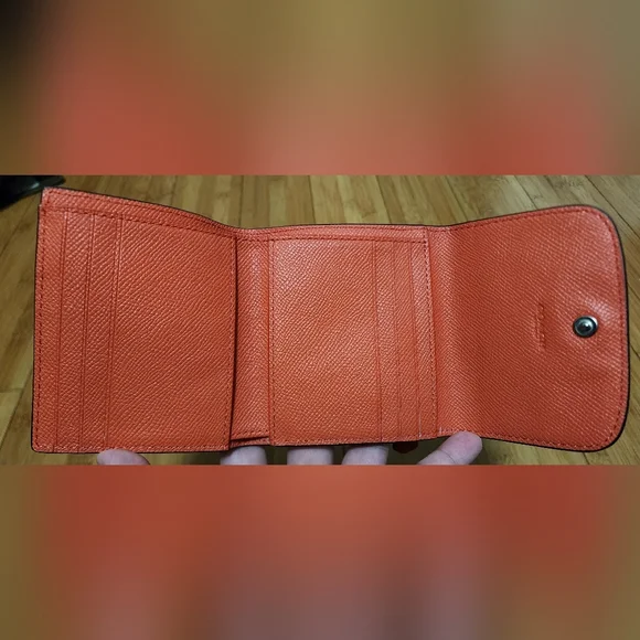 Coach Trifold Snap Small Wallet Coin Orange Crossgrain Pebbled Leather Zipper - Picture 4 of 11